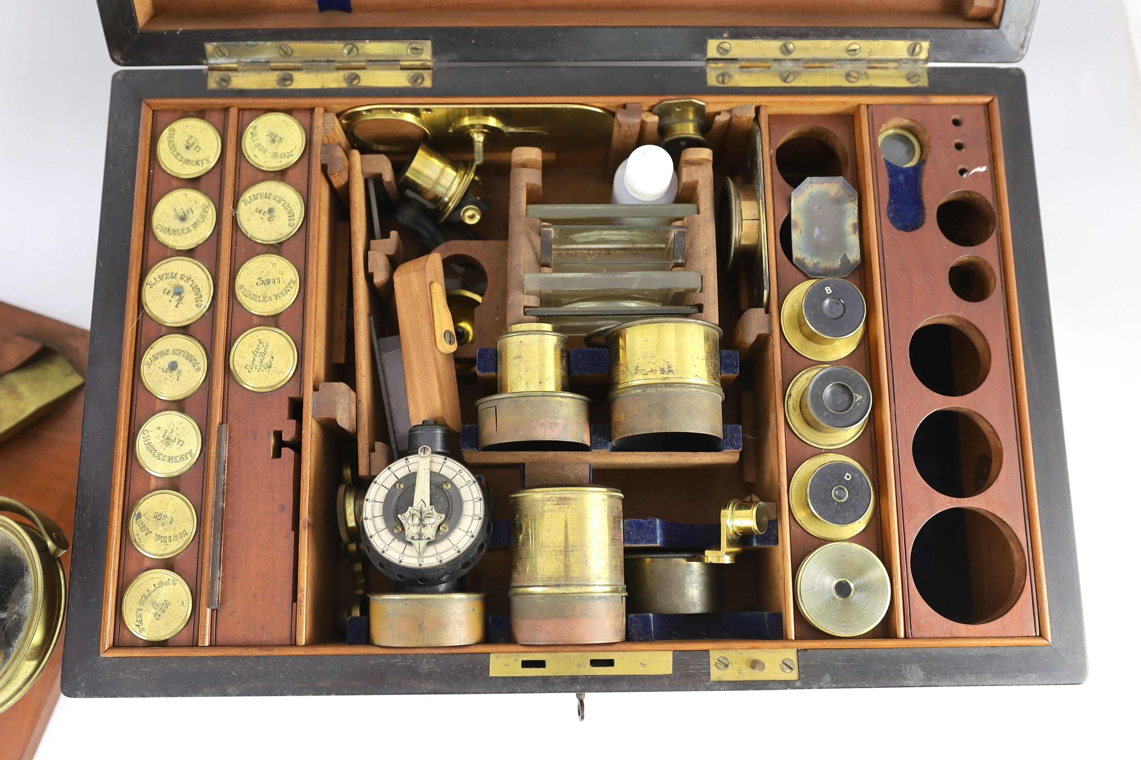 A good Victorian lacquered brass monocular microscope, originally owned by civil engineer Charles Neate (1821-1911), microscope height 59cm